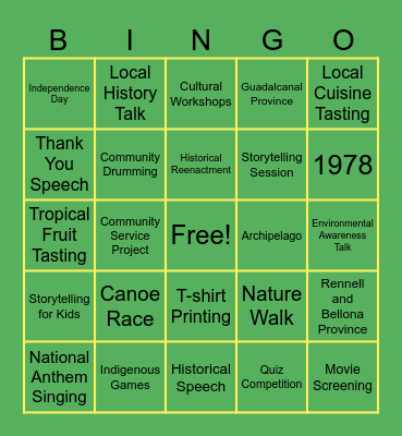 Solomon Island Independence day Bingo Card