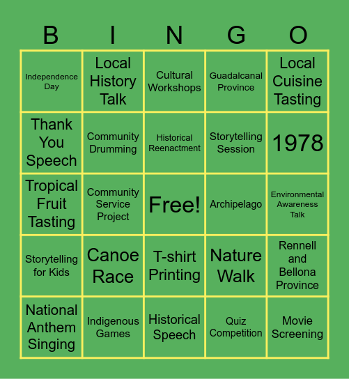 Solomon Island Independence day Bingo Card