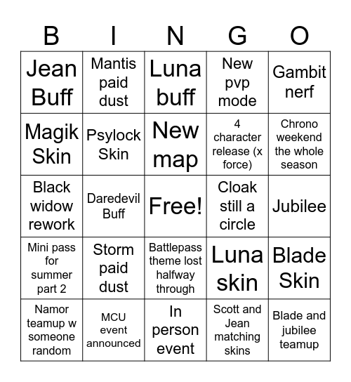 Rivals Season 9 Bingo Card