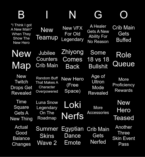 New Rivals Season Bingo Card