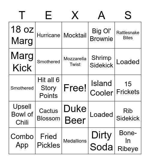 Roadhouse Bingo Card