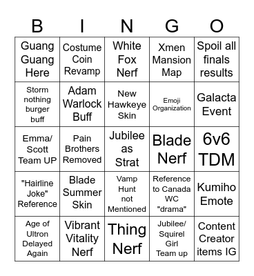 Season 9 Bingo Card
