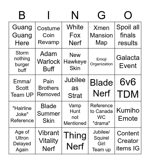 Season 9 Bingo Card