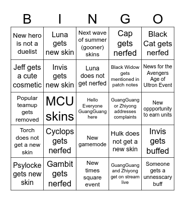 Marvel Rivals S9 Prediction Bingo Card