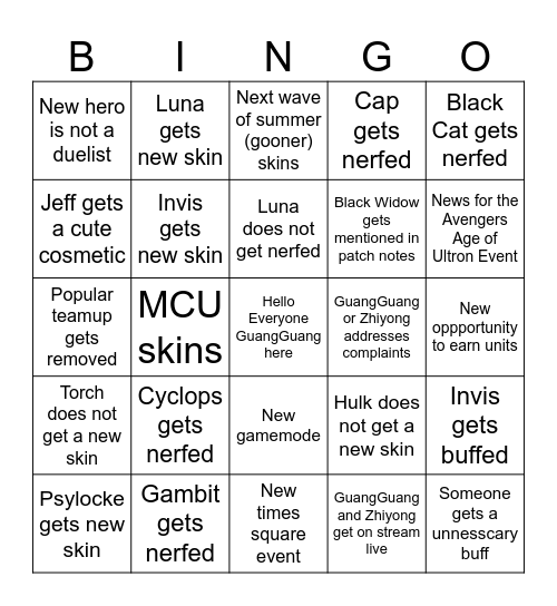 Marvel Rivals S9 Prediction Bingo Card