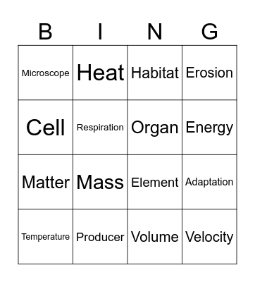 Science BINGO Word Bingo Card