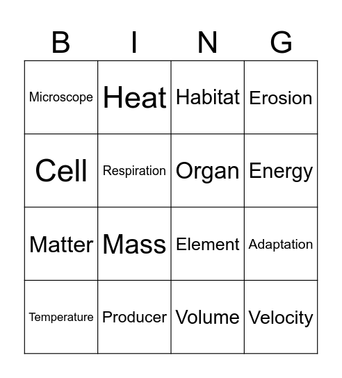 Science BINGO Word Bingo Card