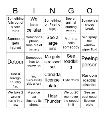 Road trip bingo Card