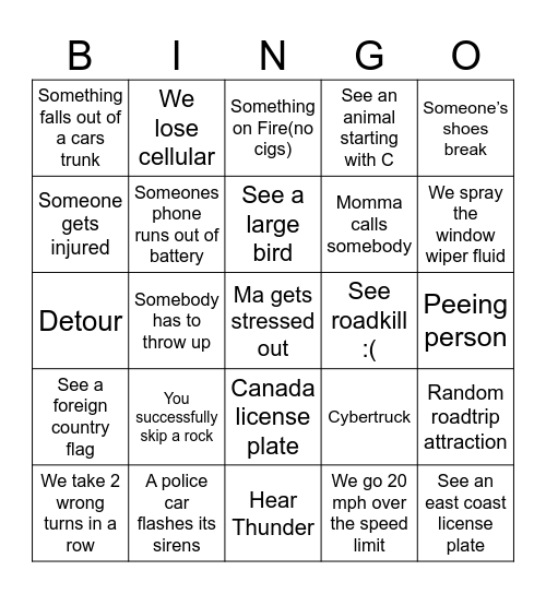 Road trip bingo Card