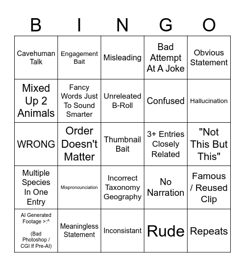 AI Animal Sludge Bingo (Inspired By @FishStickOnAStick) Bingo Card