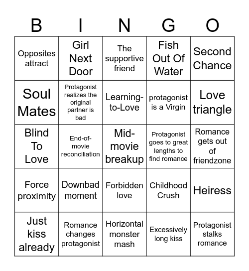 Romance Movie Bingo Card