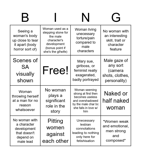 Sexism in movies and series Bingo Card