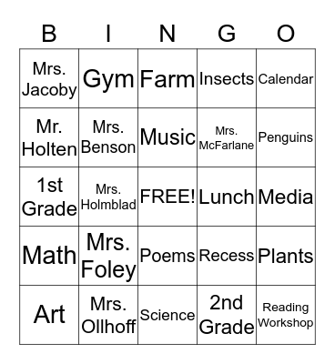 FIRST GRADE BINGO Card