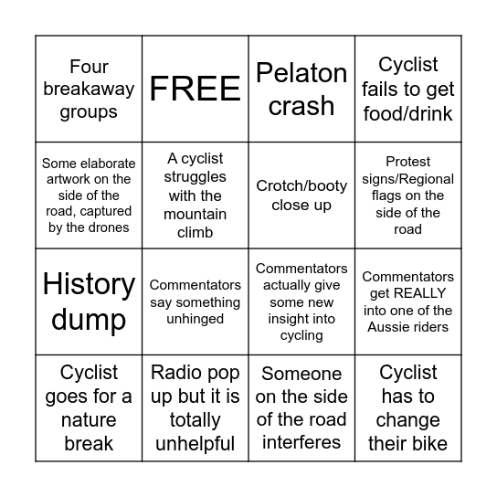 Tour De France Bingo Card