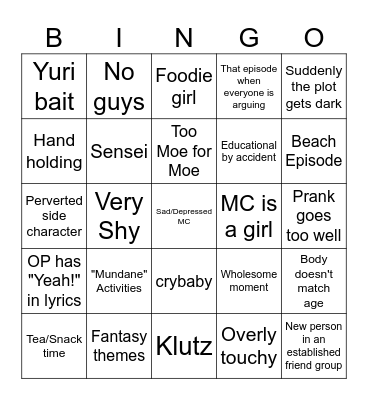 Moe Anime bingo Card