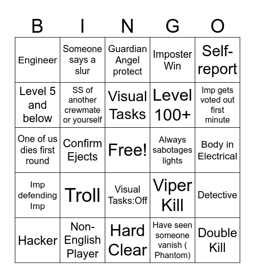 Among Us Bingo Card