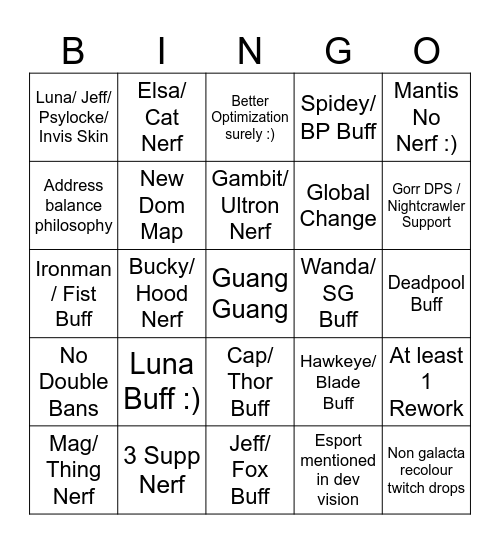 Season 10 Changes Bingo Card