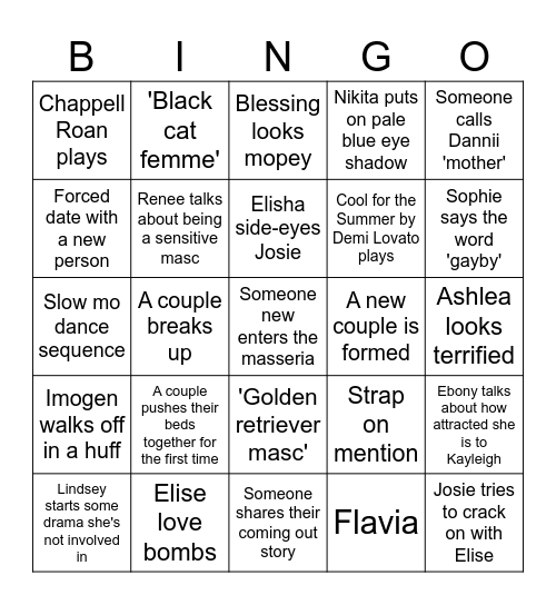 I Kissed A Girl Bingo Card