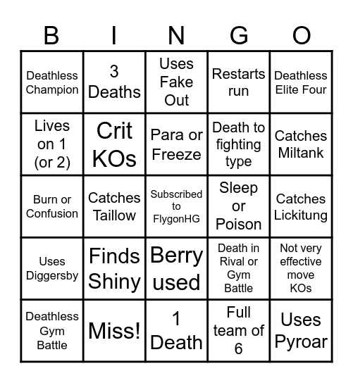 Normal Nuzlocke Flygon Bingo Card