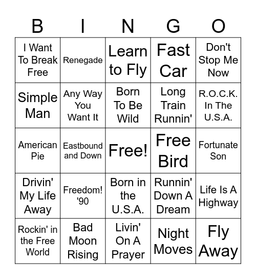 Freedom Rock Bingo Card