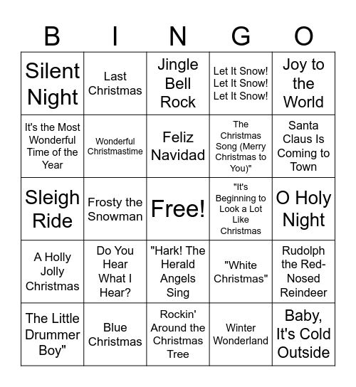 Christmas Songs Bingo Card