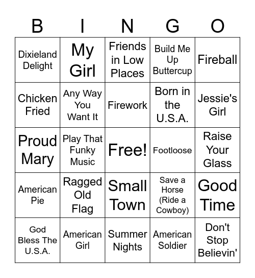 American Anthems Bingo Card