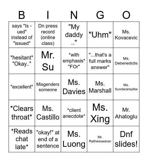uhm Bingo Card