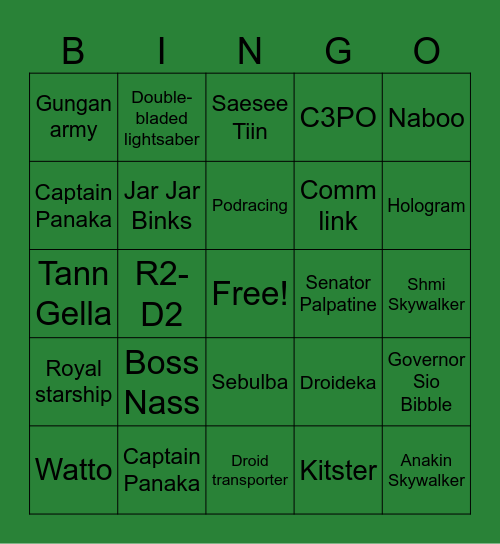 Phantom Menace Bingo Card