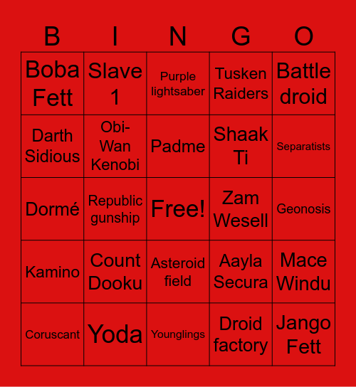 Attack of the Clones Bingo Card