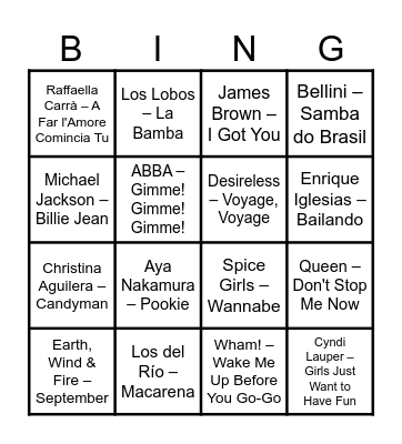 Musical Bingo Card