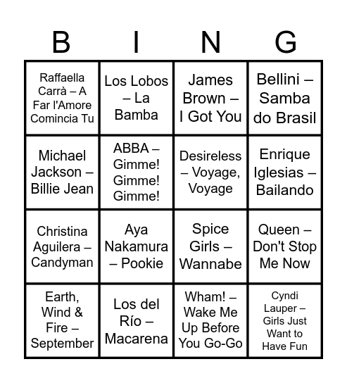 Musical Bingo Card