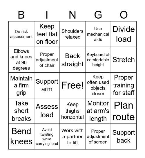 Manual Handling Bingo Card
