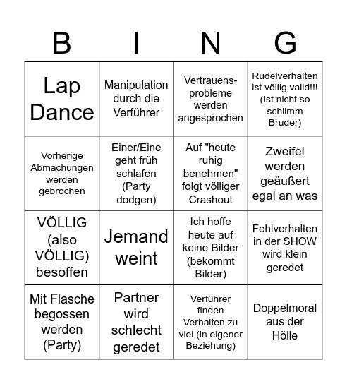 Temptation Island Bingo Card