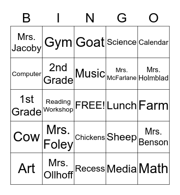 FIRST GRADE BINGO Card