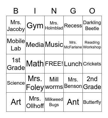 FIRST GRADE BINGO Card