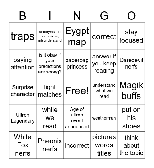 Prediction Bingo Card