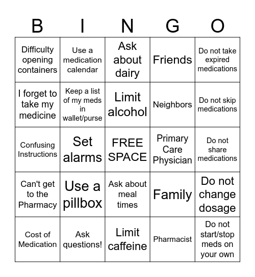 Medication Management BINGO! Bingo Card