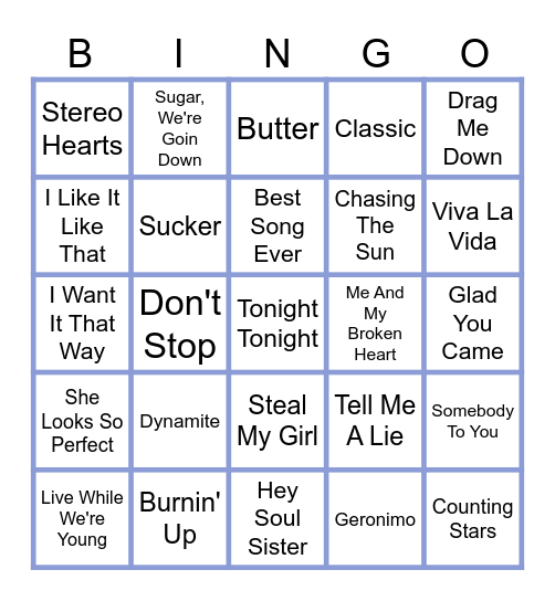 Boy Bands Bingo Card