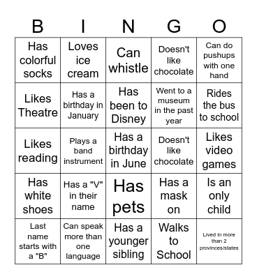 Middle School BINGO: Find someone who... Bingo Card