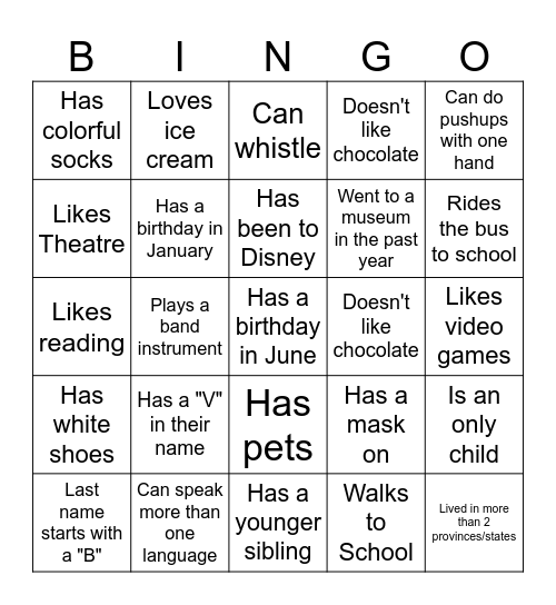 Middle School BINGO: Find someone who... Bingo Card