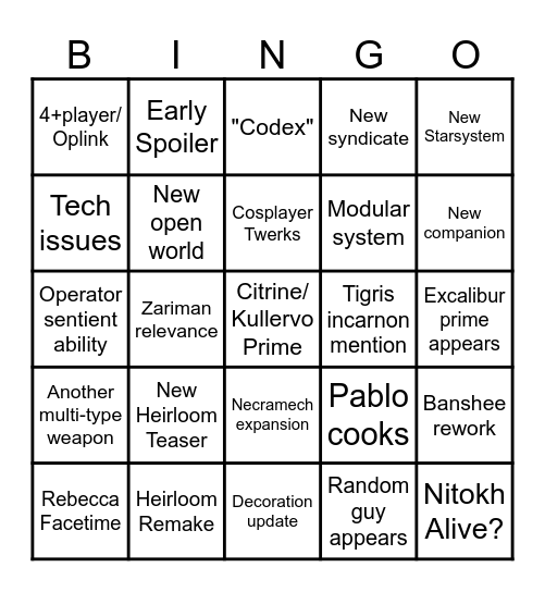 Tennocon 2026! Bingo Card