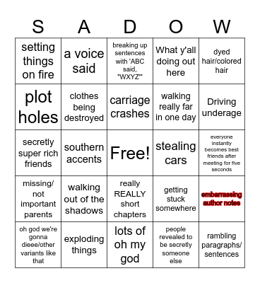 story bingo Card