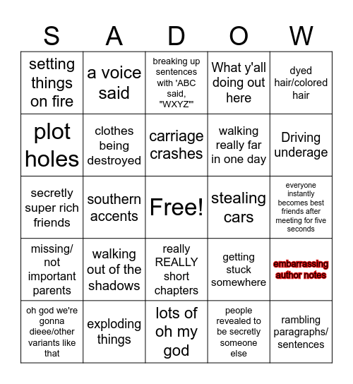 story bingo Card