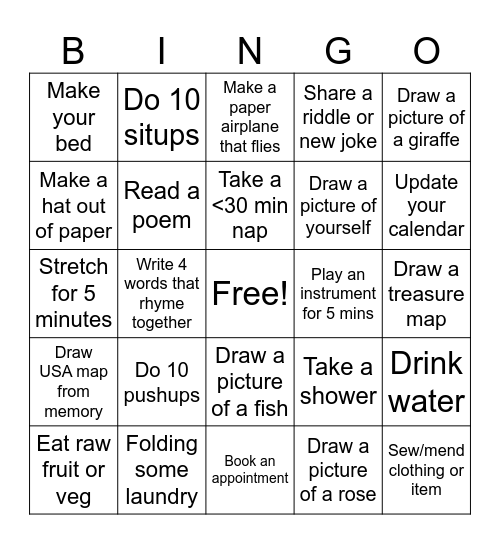 Mindless Boredom Bingo Card