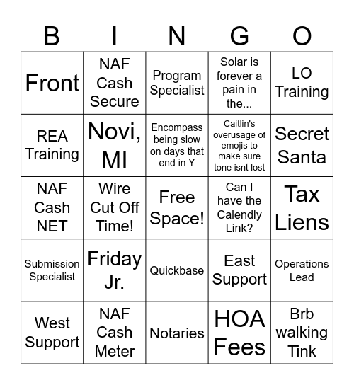 NAF Cash Bingo! Bingo Card