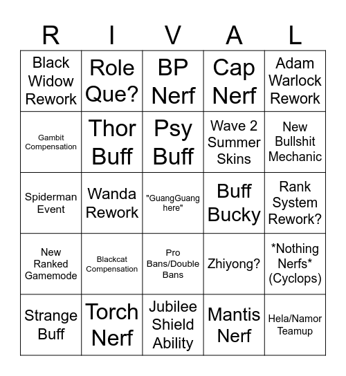 Rivals Bingo Card