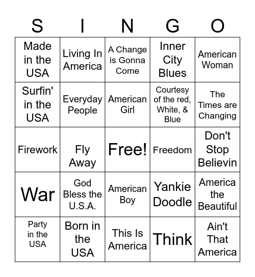 Independence SINGO Bingo Card