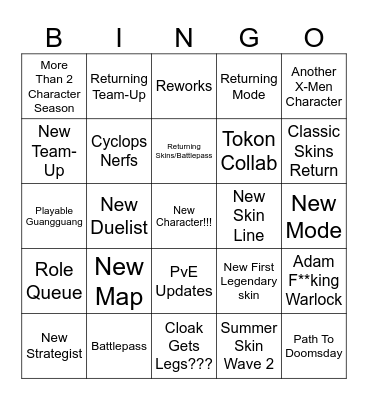 Marvel Rivals S9 Livestream Bingo Card