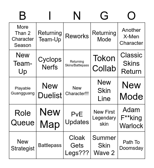 Marvel Rivals S9 Livestream Bingo Card