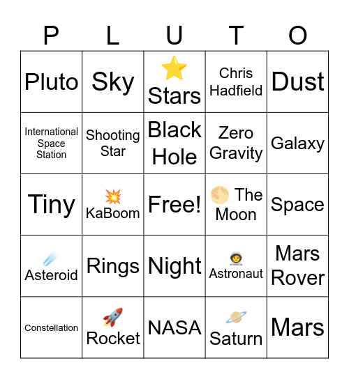 Pluto Bingo Card